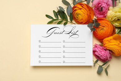 Beautiful flowers and guest list on bieige background, flat lay