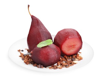 Photo of Tasty red wine poached pears with muesli isolated on white
