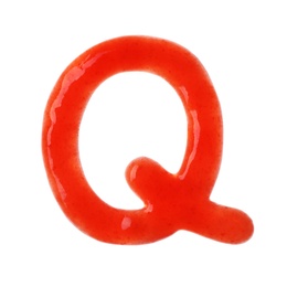 Letter Q written with red sauce on white background