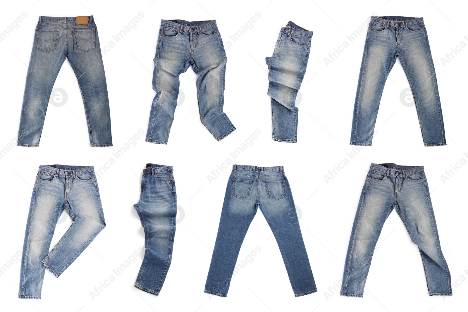 Image of Set with blue jeans on white background, top view