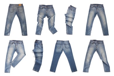 Image of Set with blue jeans on white background, top view