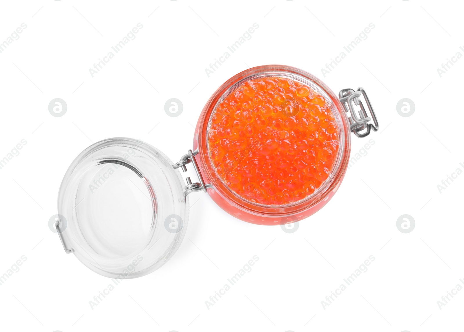 Photo of Open jar with delicious red caviar isolated on white, top view