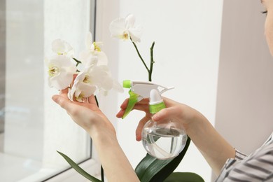 Photo of Woman spraying blooming white orchid flowers with water near window, closeup