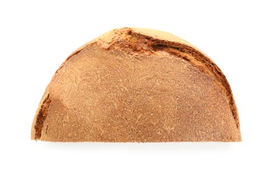 Photo of Half of freshly baked sourdough bread isolated on white, top view
