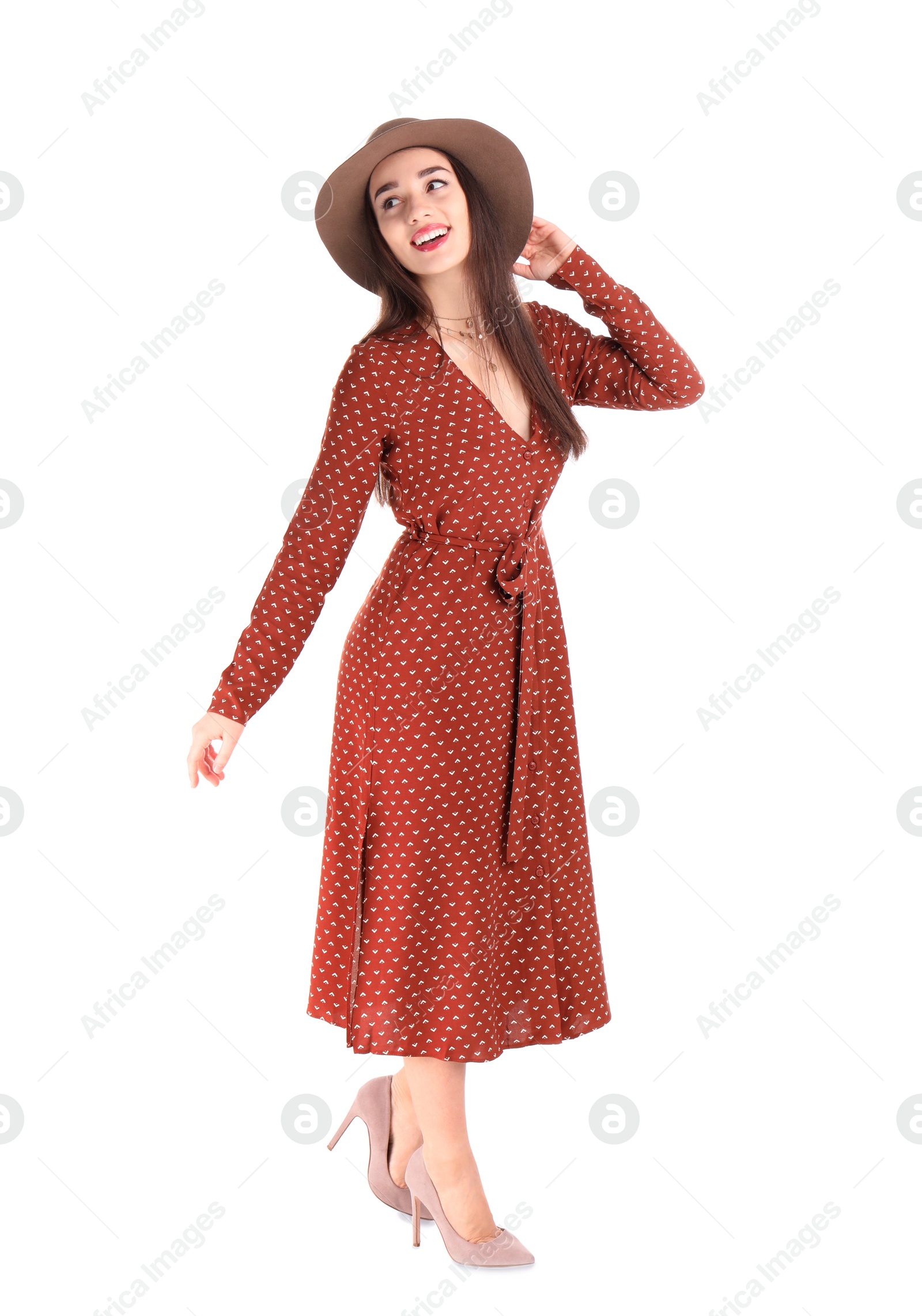 Photo of Portrait of beautiful young woman in stylish dress on white background