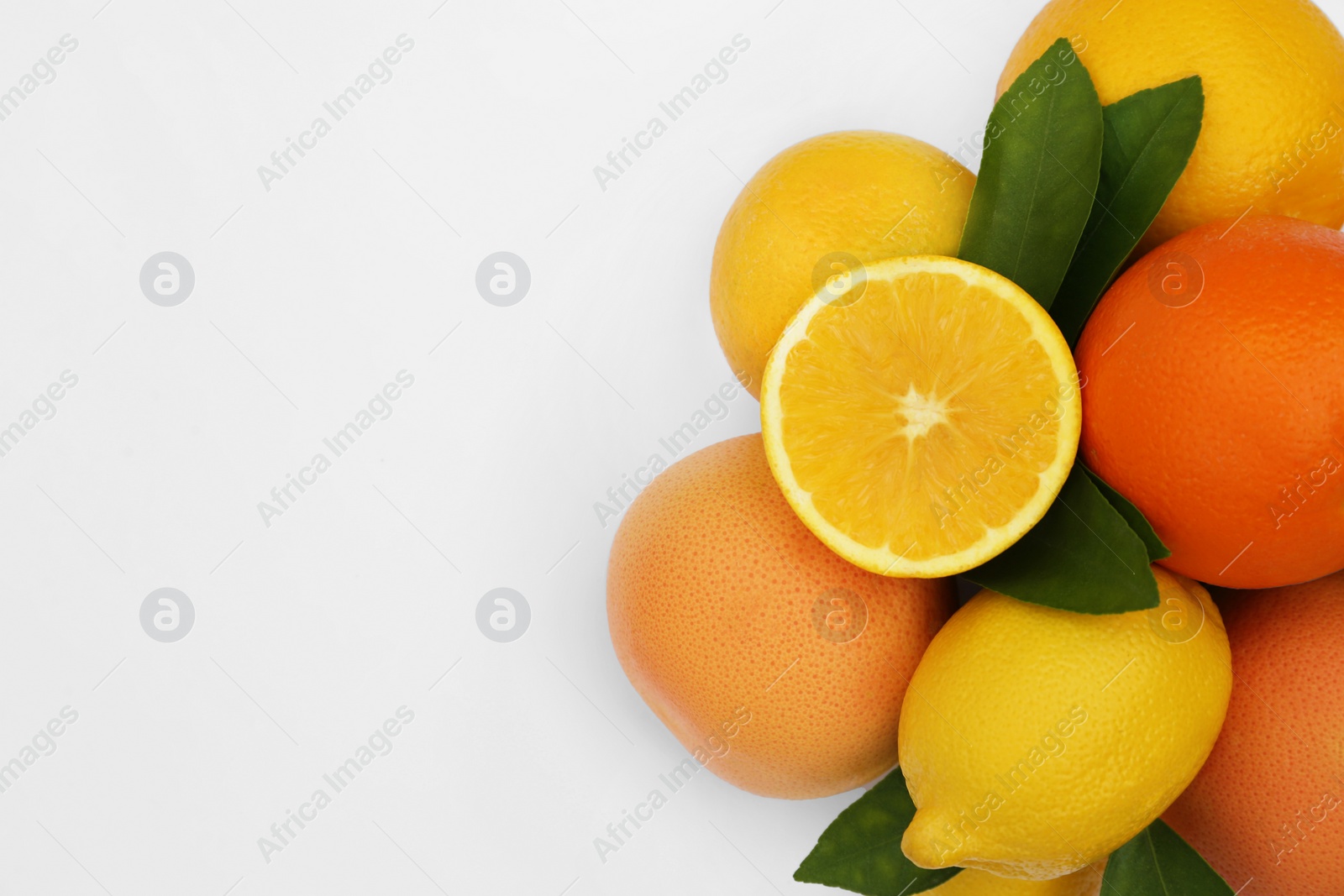 Photo of Different citrus fruits and leaves on white background, top view. Space for text