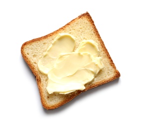 Photo of Tasty toast with butter isolated on white, top view