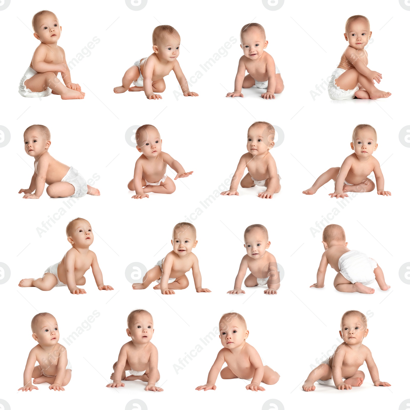 Image of Collage of cute little baby on white background