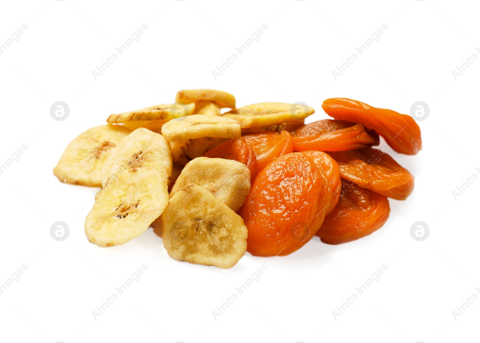 Photo of Delicious dried apricots and banana isolated on white