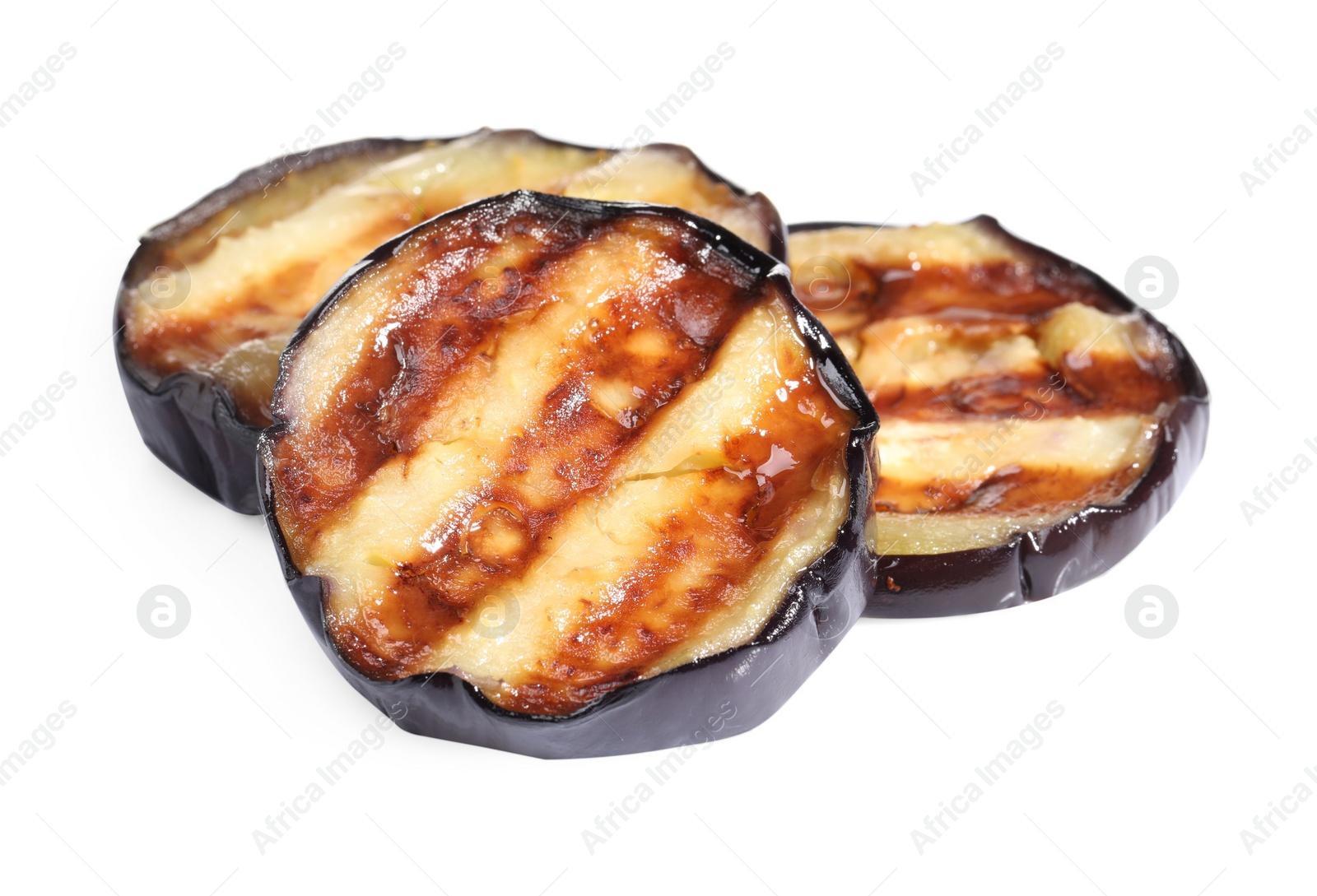 Photo of Slices of tasty grilled eggplant isolated on white