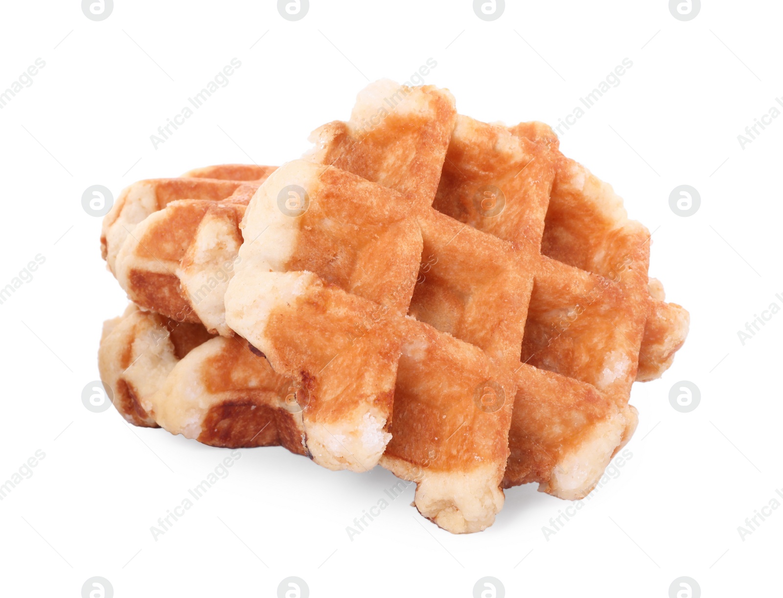 Photo of Many delicious Belgian waffles isolated on white