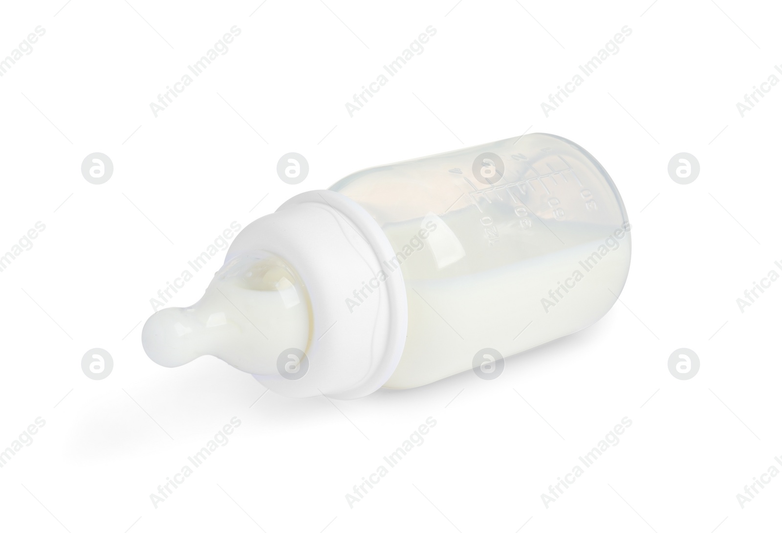 Photo of One feeding bottle with infant formula on white background