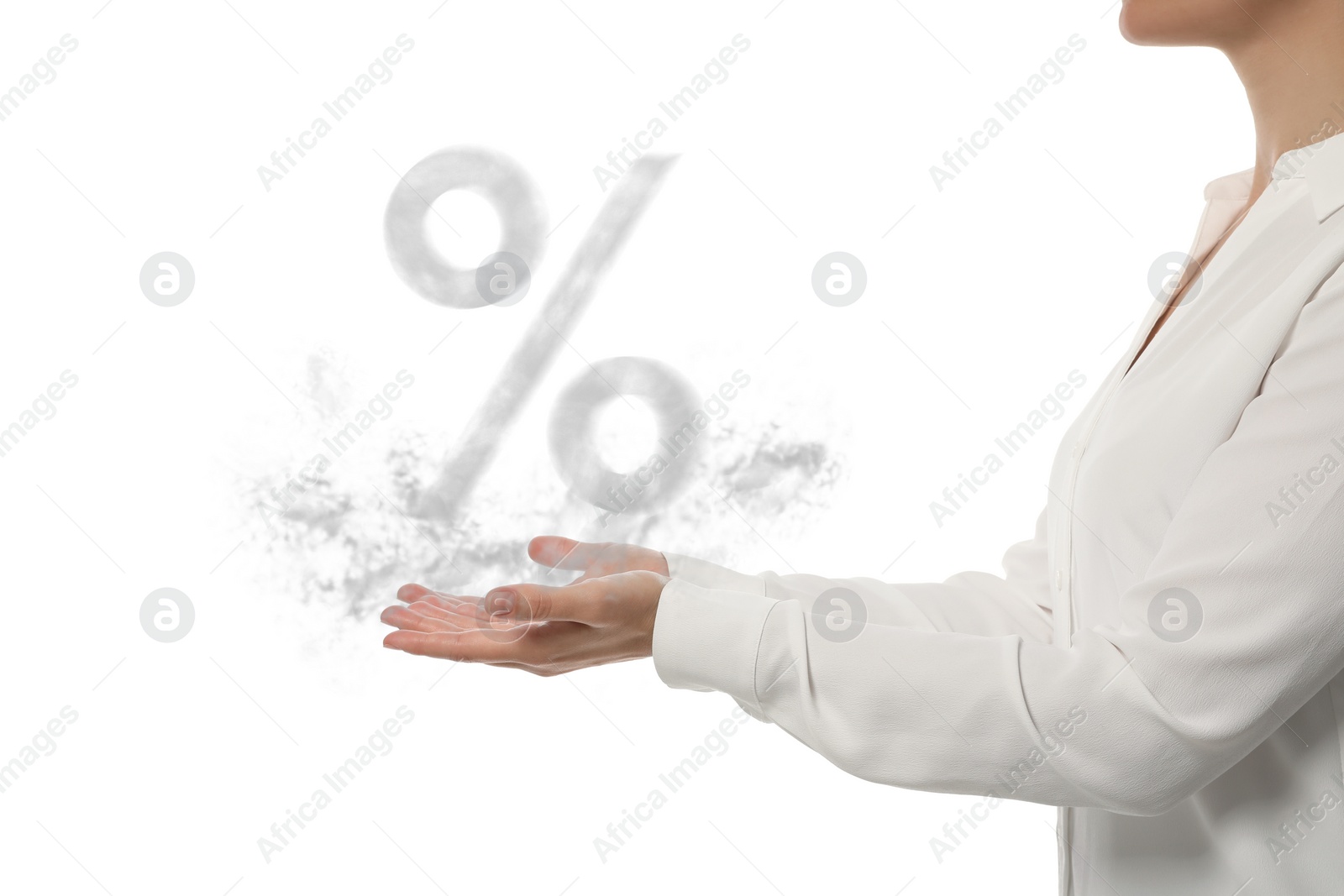 Image of Discount offer. Woman holding illustration of percent sign isolated on white, closeup