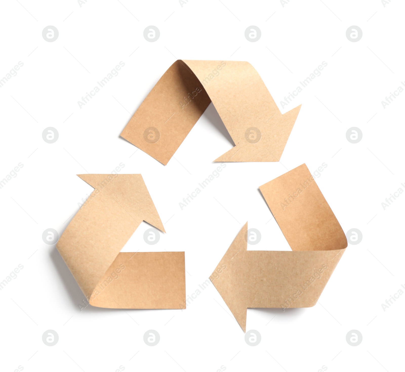 Photo of Recycling symbol cut out of kraft paper on white background, top view