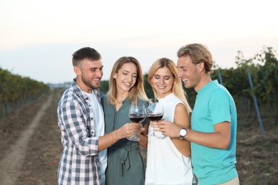 Friends holding glasses of wine and having fun on vineyard picnic