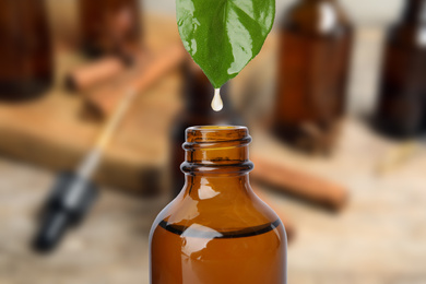 Image of Essential oil dripping from green leaf into bottle against blurred background 
