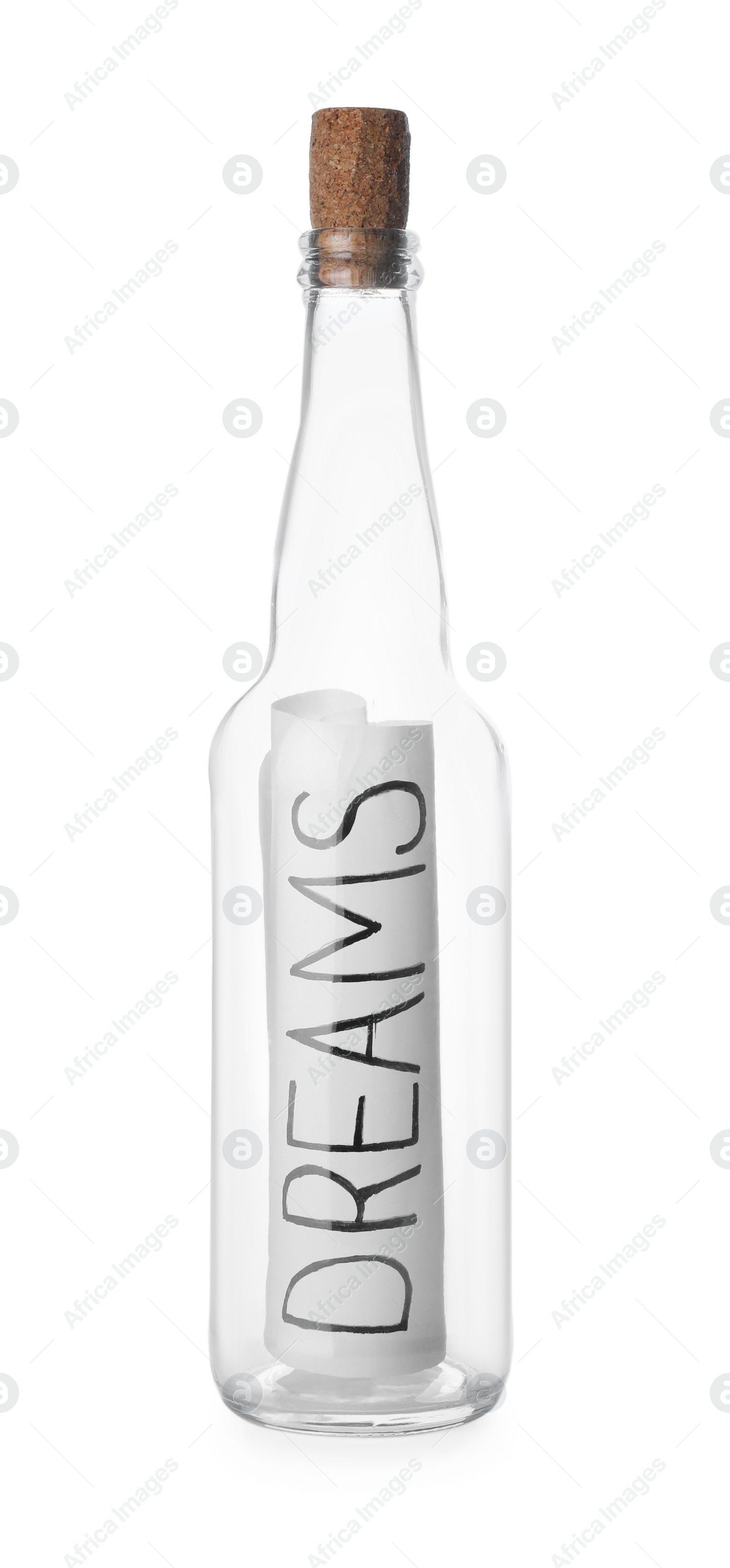 Photo of Corked glass bottle with Dreams note on white background