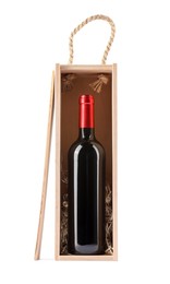 Photo of Wooden gift box with wine bottle isolated on white