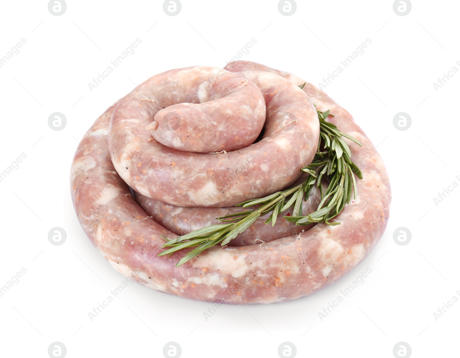 Photo of Homemade sausages and rosemary isolated on white
