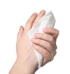 Photo of Woman wiping hands with paper towel on white background, closeup
