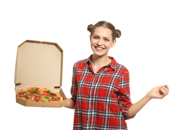 Attractive young woman with delicious pizza on white background