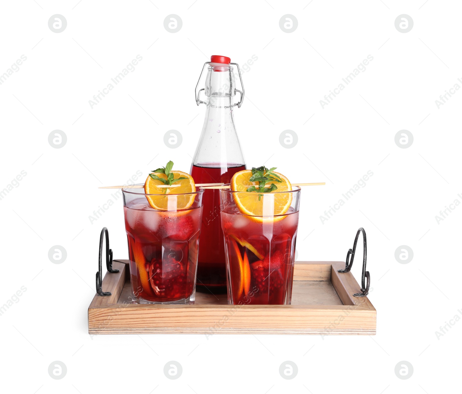Photo of Bottle and glasses of delicious refreshing sangria isolated on white