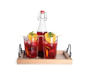 Photo of Bottle and glasses of delicious refreshing sangria isolated on white