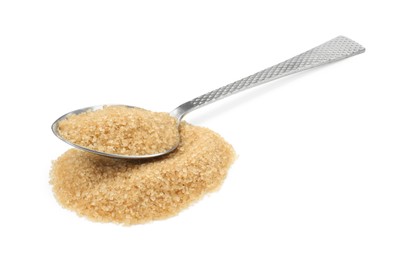 Photo of Pile of brown sugar and spoon isolated on white