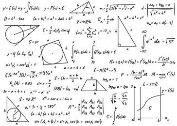 Many different math formulas on white background, illustration. Algebra and Geometry