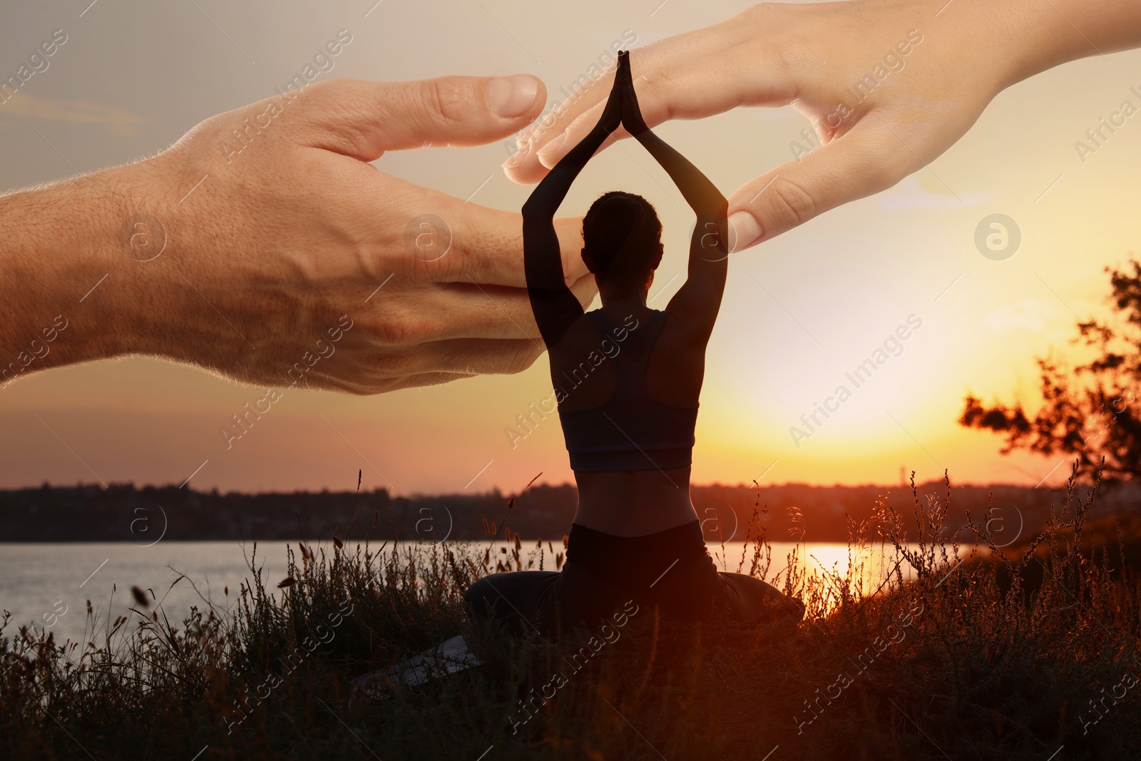 Image of Double exposure of woman meditating and hands reaching each other outdoors at sunset, closeup. Yoga helping in daily life: harmony of mind, body, and soul