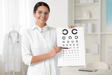 Photo of Ophthalmologist pointing at vision test chart in clinic