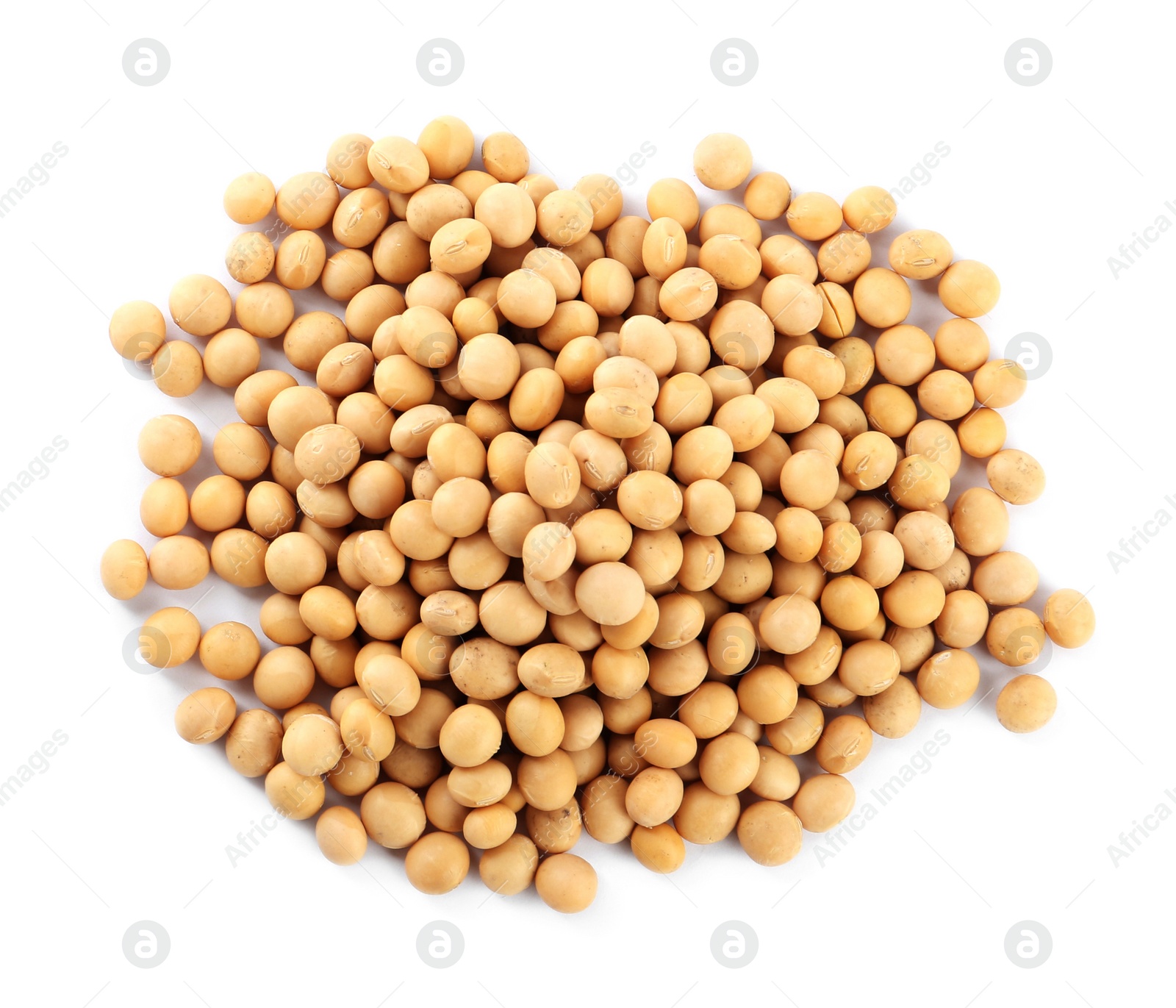 Photo of Heap of soya beans isolated on white, top view