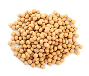 Photo of Heap of soya beans isolated on white, top view