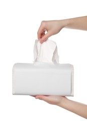 Photo of Woman taking paper towel on white background, closeup