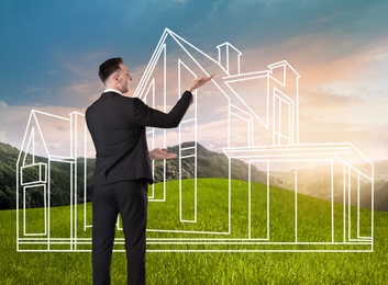 Image of Man dreaming about future house. Landscape with building illustration
