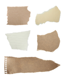 Image of Set of different ripped notebook papers on white background