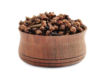Aromatic dry cloves in wooden bowl isolated on white