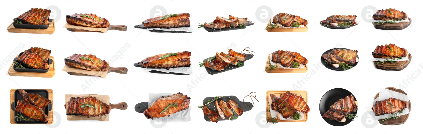 Image of Set of delicious roasted ribs on white background. Banner design 