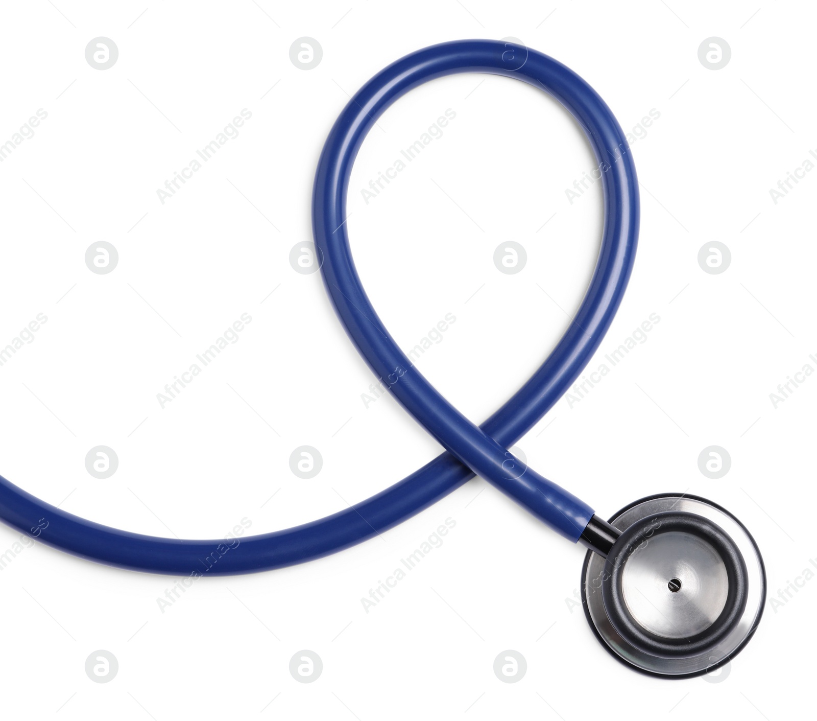 Photo of Modern stethoscope on white background, top view