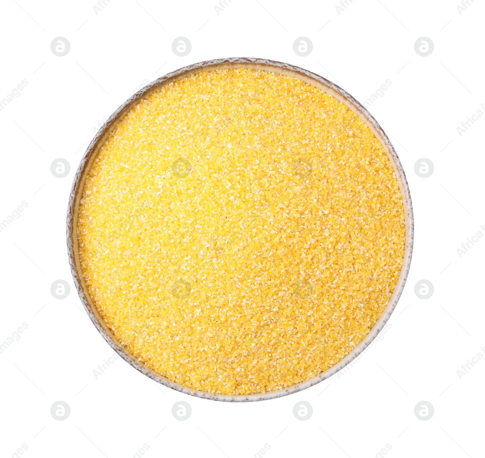 Photo of Raw cornmeal in bowl isolated on white, top view