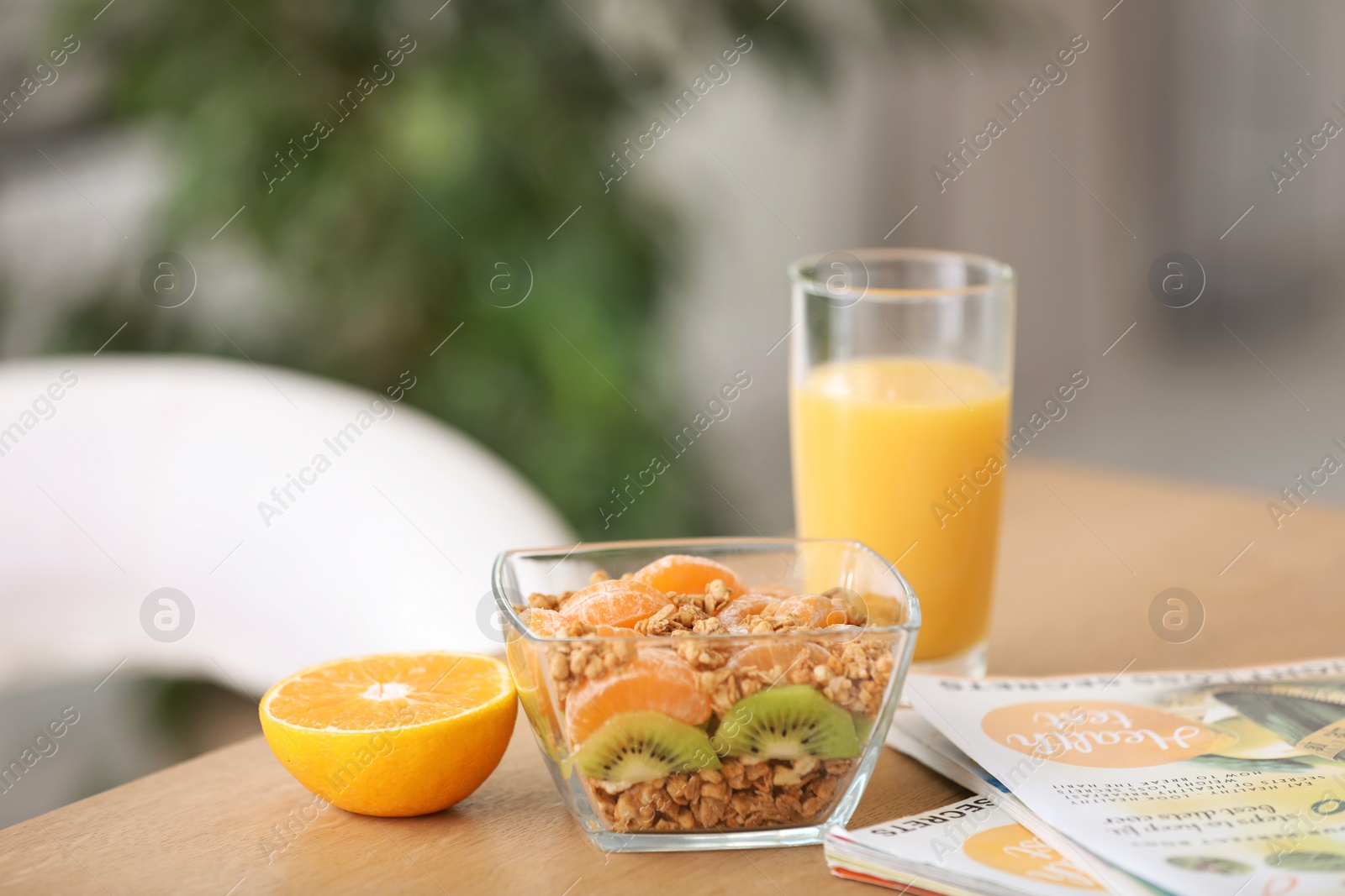 Photo of Healthy breakfast served on table at home. Fitness diet