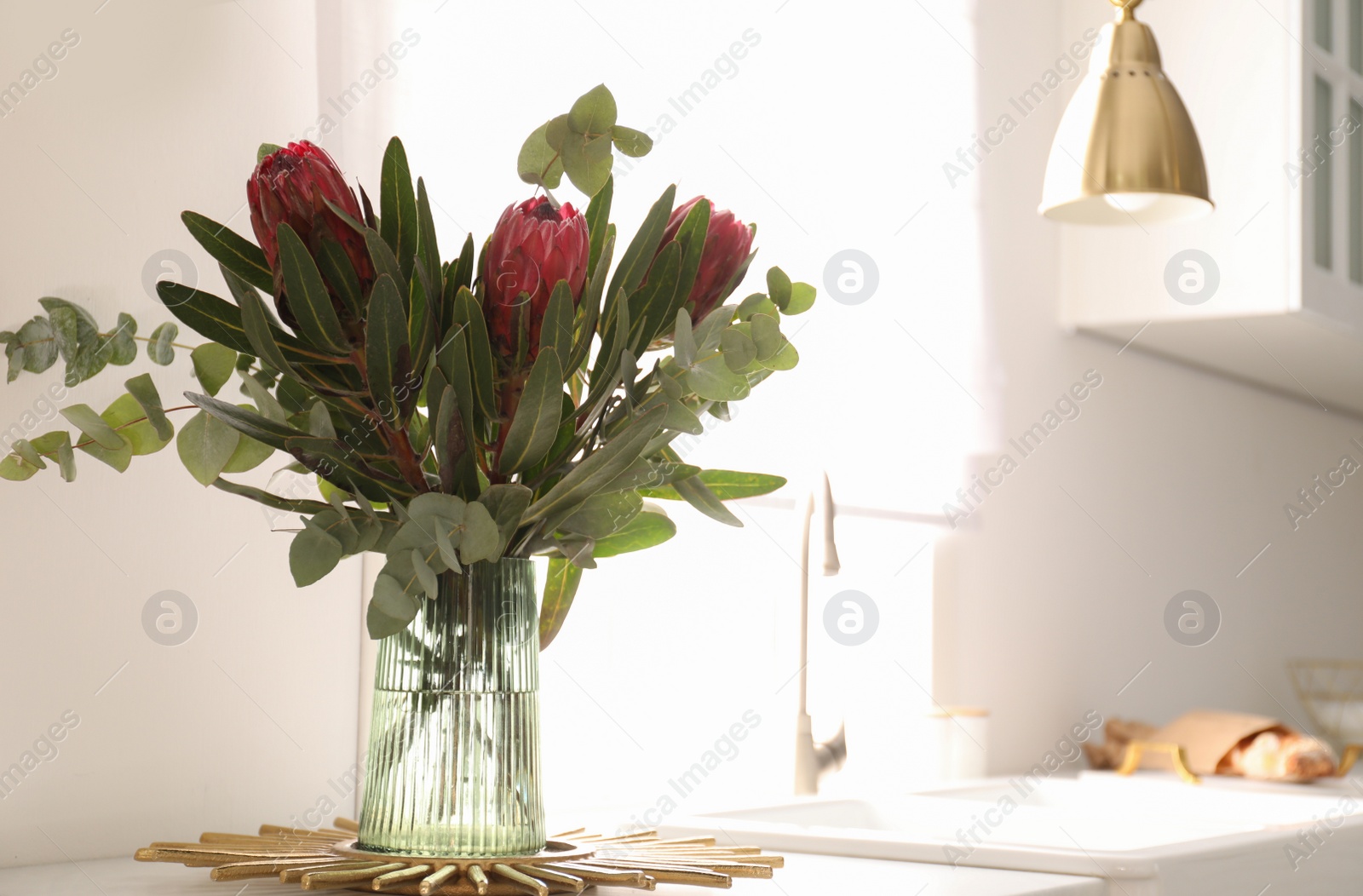 Photo of Bouquet with beautiful protea flowers on countertop in kitchen, space for text. Interior design