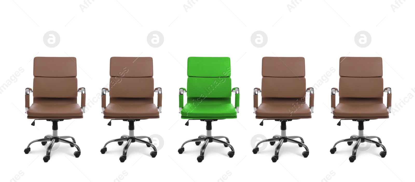 Image of Vacant position. Green office chair among brown ones on white background, banner design