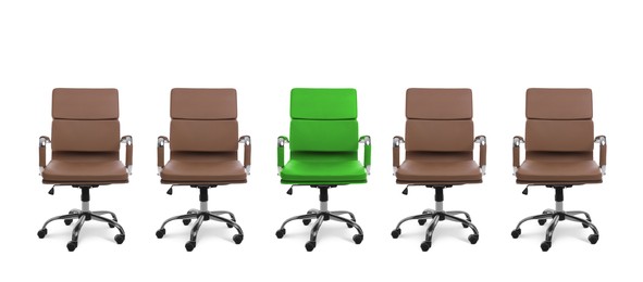 Image of Vacant position. Green office chair among brown ones on white background, banner design