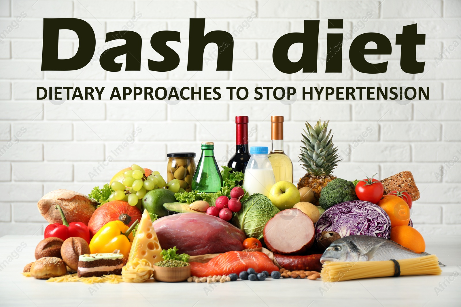 Image of Dash diet (Dietary approaches to stop hypertension). Many different healthy food and drinks on white table