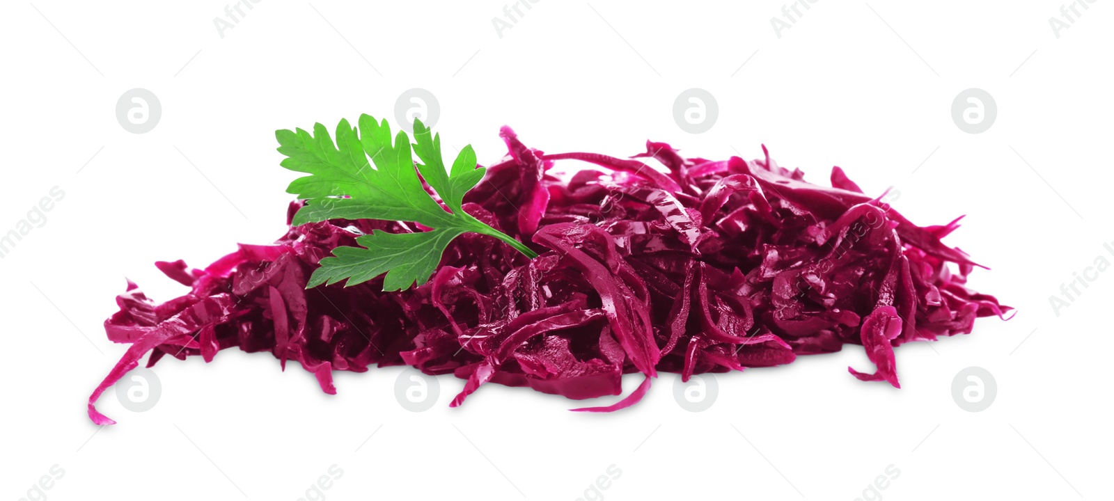 Photo of Tasty red cabbage sauerkraut and parsley isolated on white, top view