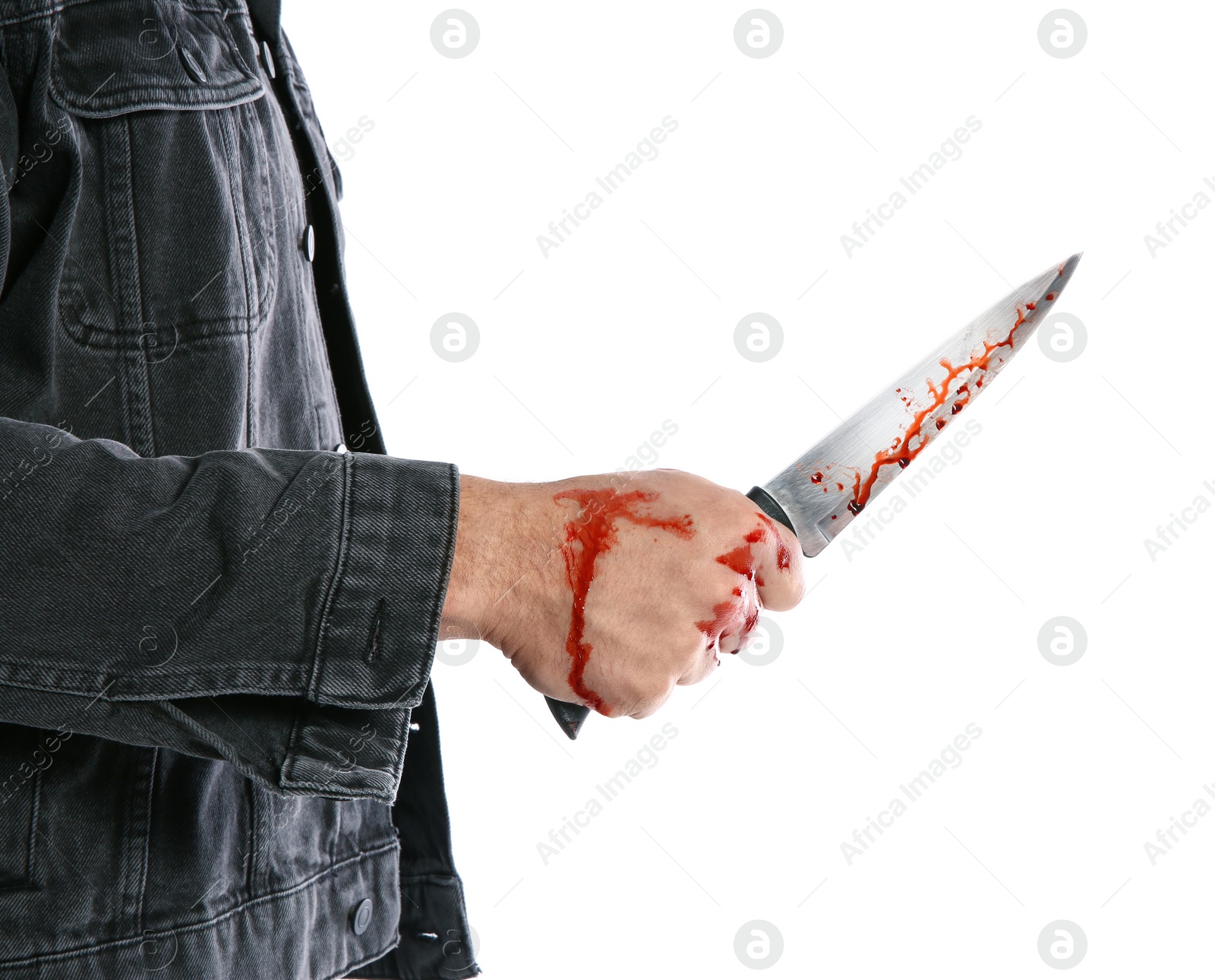 Photo of Man with bloody knife on white background, closeup. Dangerous criminal