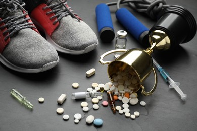 Composition with drugs on black table. Doping control