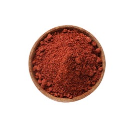 Photo of Dried cranberry powder in bowl isolated on white, top view