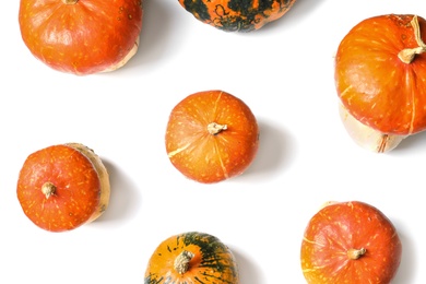 Flat lay composition with orange pumpkins on white background. Autumn holidays